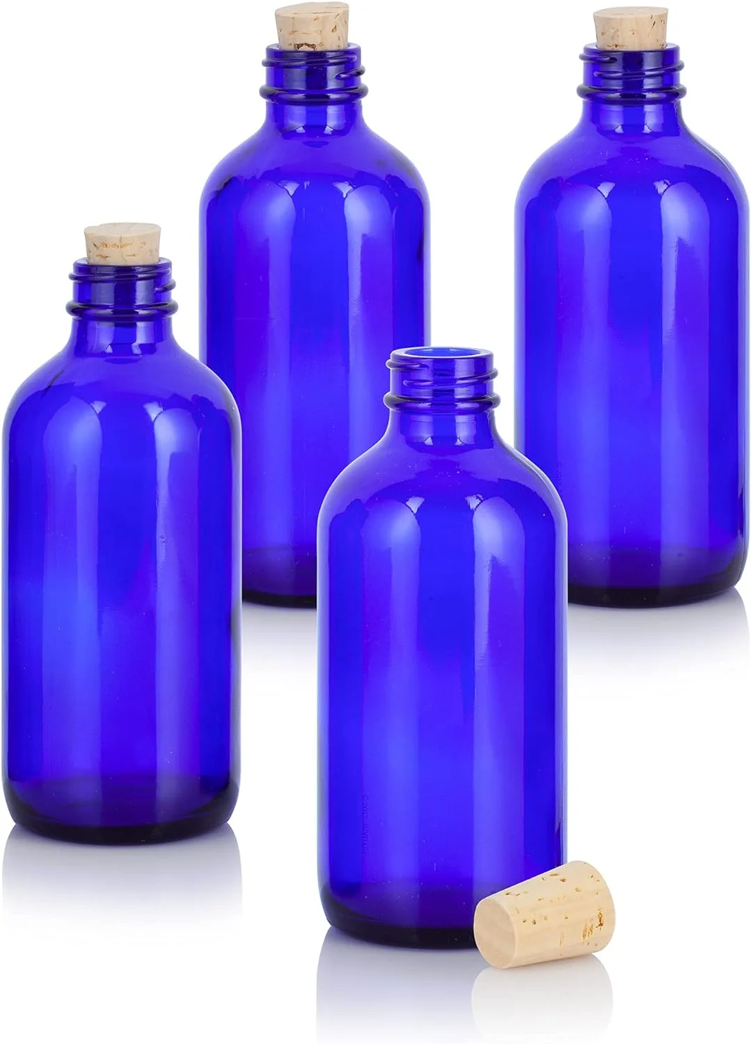 8 Oz Cobalt Blue Round Thick Plated Glass Bottle With With Cork Stopper Closure (4 Pack)