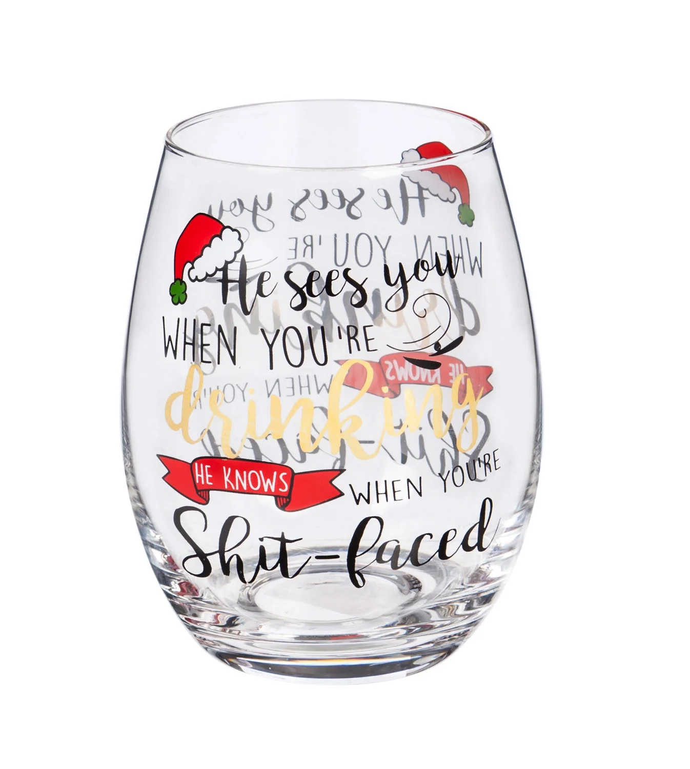 Evergreen Stemless Wine Glass w/metallic accents and box, He Sees You When You're Drinking...