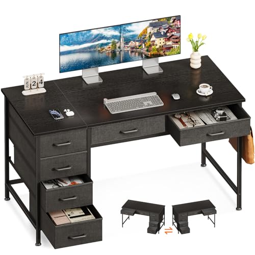 ODK Computer Desk with 6 Drawers, 40 Inch Small Desk with Storage, Reversible Desk with Headphone Hook for Home Office, Work Study Table for Bedroom, Rustic Brown