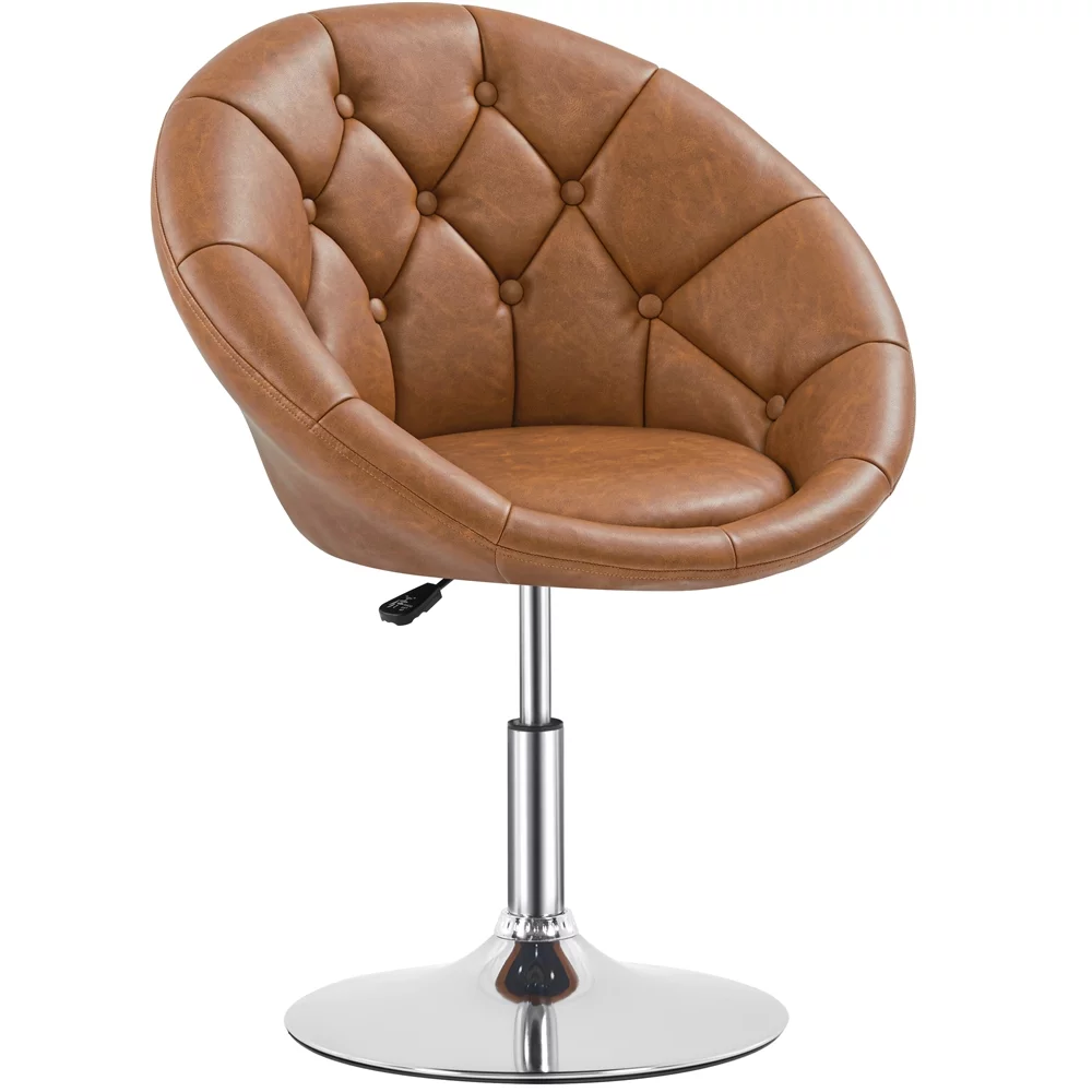 Yaheetech Upholstered Round Tufted Height Adjustable Swivel Barrel Chair, Retro Brown