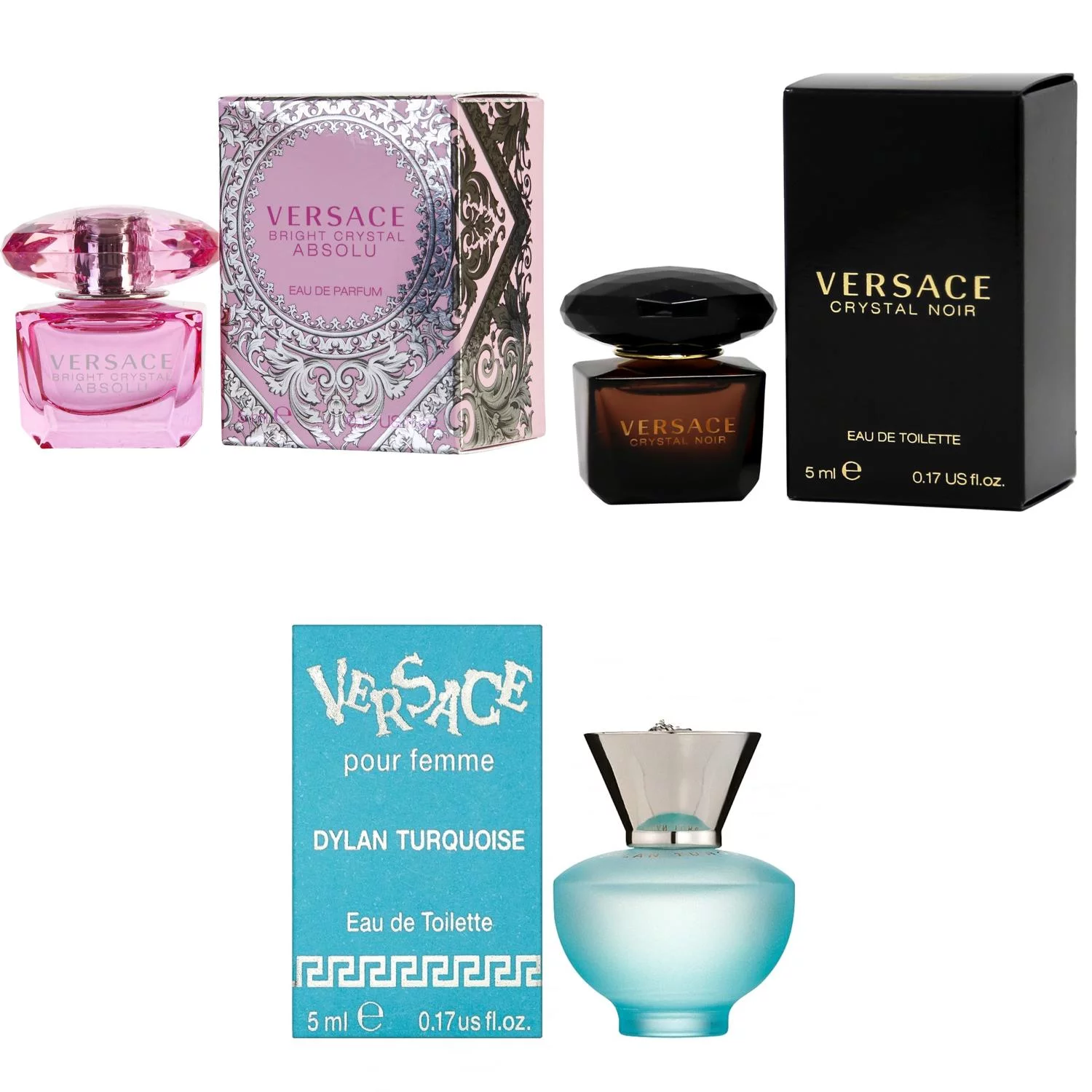 Versace Bright Crystal Absolu EDP, Crystal Noir EDT, Dylan Turquoise Femme  - 5ml 3PK Kit