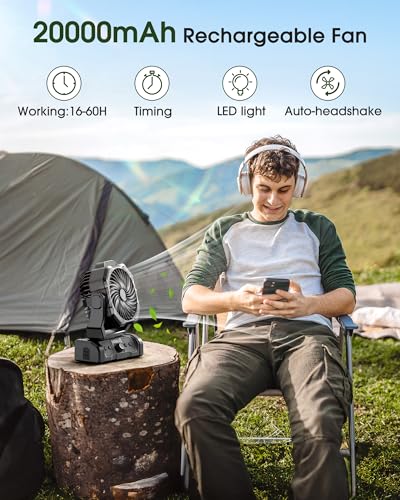 ONLYNEW Portable Camping Fan Rechargeable 20000mAh Battery Operated Oscillating Fan USB C Battery Powered with LED Lantern, Head Rotation,Timer, Remote Auto, Hook for Tents Travel Outdoor Beach Black