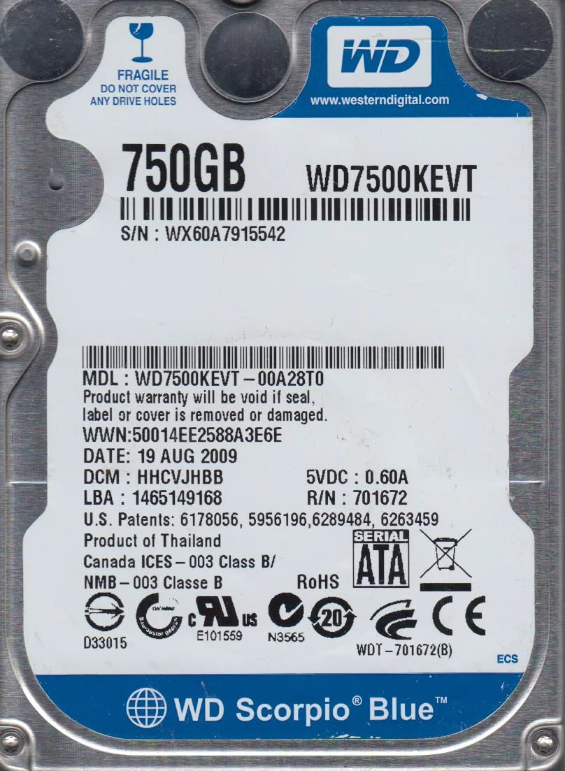 WD7500KEVT-00A28T0, DCM HHCVJHBB, Western Digital 750GB SATA 2.5 Hard Drive