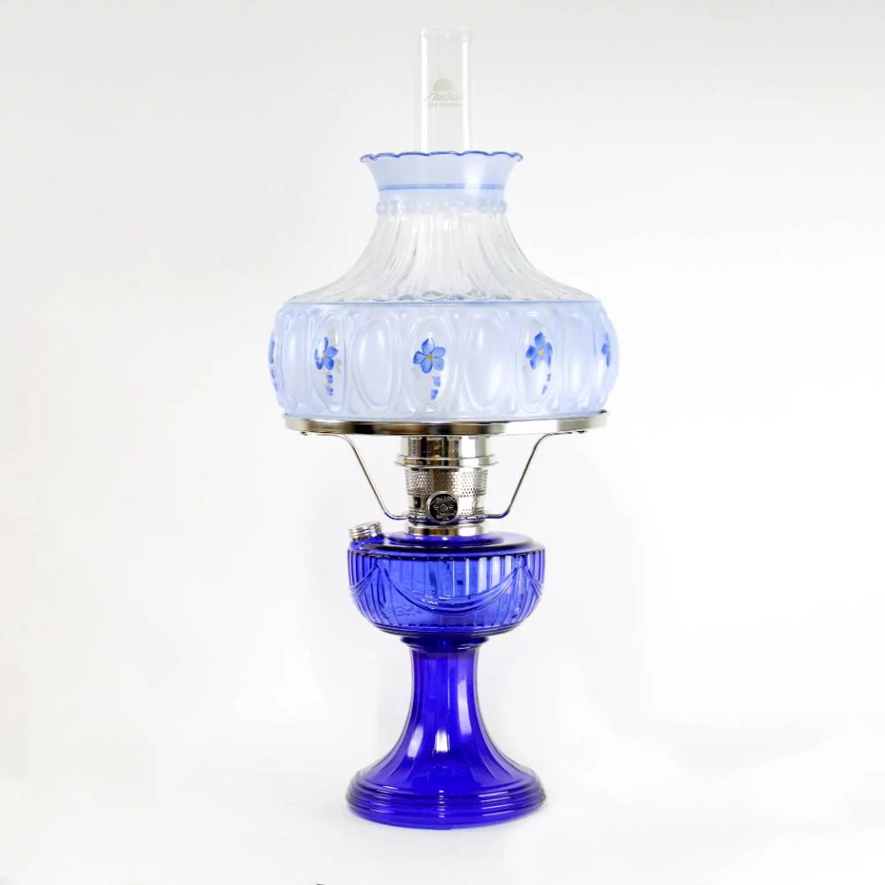Aladdin Lincoln Drape Oil Lamp, Cobalt Glass Bright Indoor Non-Electric Fuel Lamp with Blue Meadow Shade, 24 inch with Nickel Trim