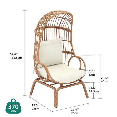 YITAHOME Outdoor Narrow Egg Chair Wicker, Patio Rattan Basket Chair with 370lbs Capacity Indoor Egg Chairs with Stand & Cushion Cocoon Chair for Bedroom, Patio, Balcony - Beige