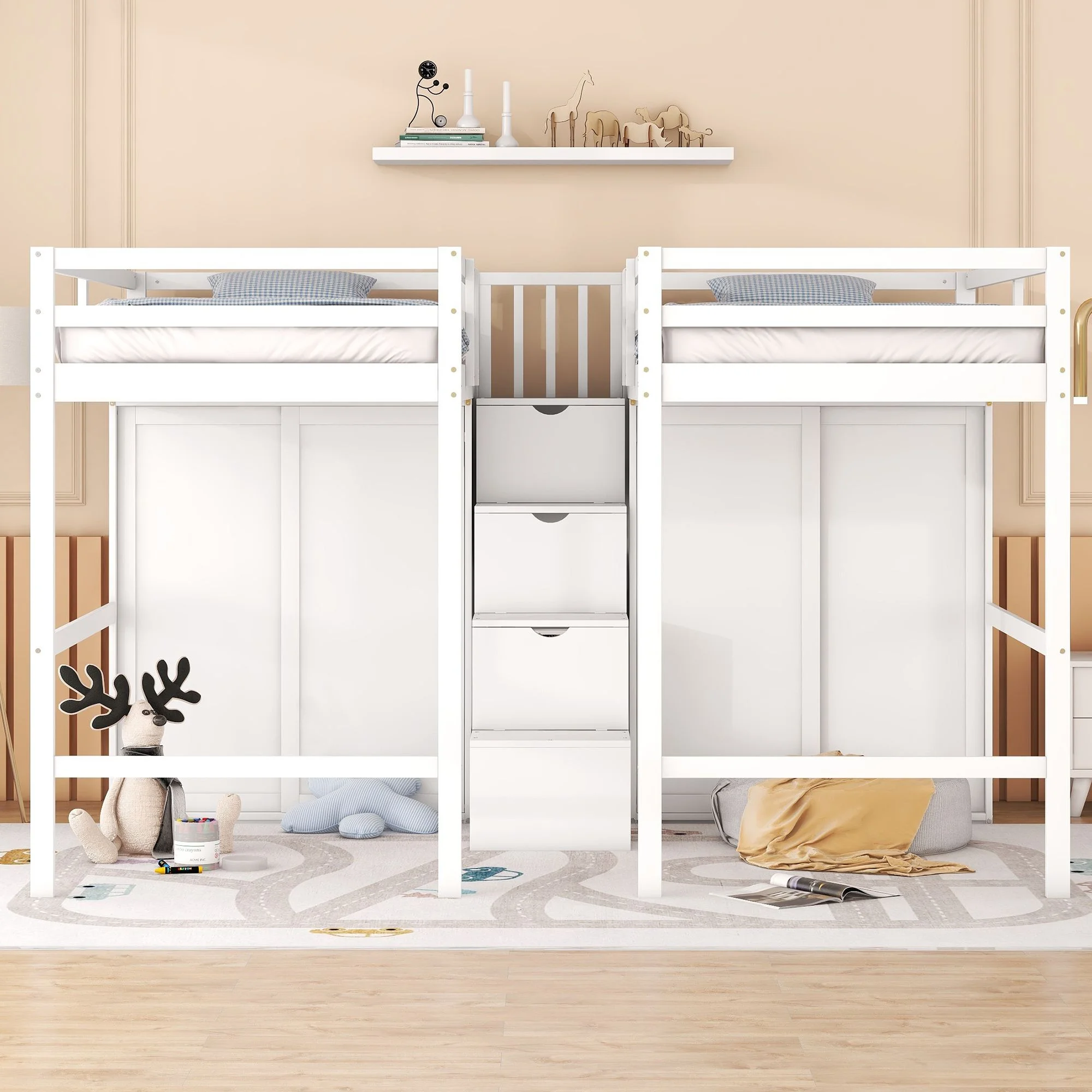 Double Twin Loft Bed, Solid Wood Loft Bed with Wardrobes and Staircase, Modern Storage Loft Bed with Storage Stairs and Shelves for Boys Girls Teens, Space Saving