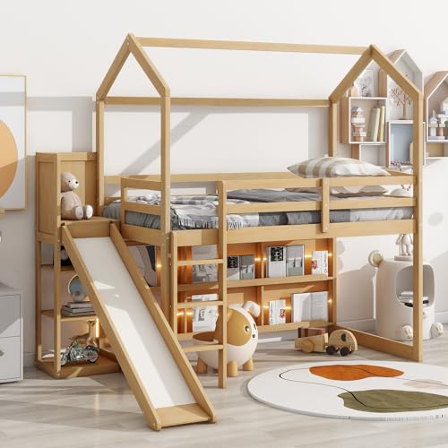 Harper & Bright Designs Twin House Loft Bed with Slide, Storage Shelves and Light, Wood Twin Bed Frame with Roof for Kids - Wood Color