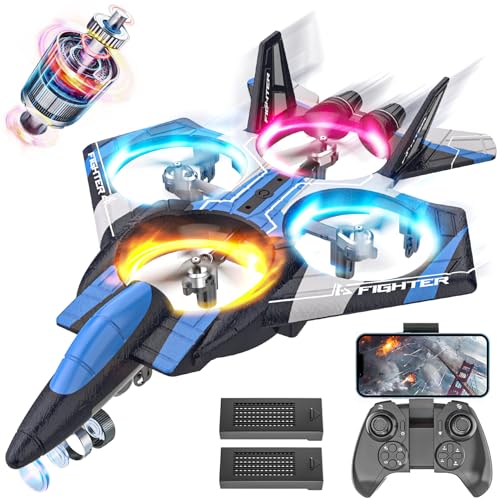 BEZGAR RC Plane for Kids | 2.4GHZ Brushless Drones with Camera, 6-axis Gyro Remote Control Airplane, 360° Flip Fighter Jet Toy, Toys for ages 8-13 with Colorful LED Navigation Lights Blue