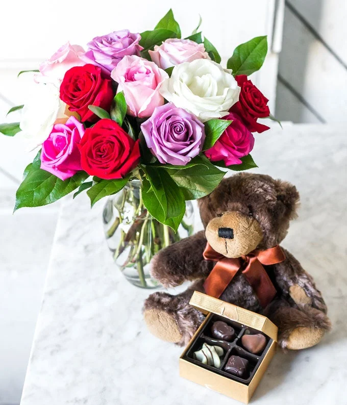 From You Flowers - One Dozen Red, Pink, Purple & White Roses with a Clear Glass Vase, Chocolates, & Teddy Bear (Fresh Flowers)