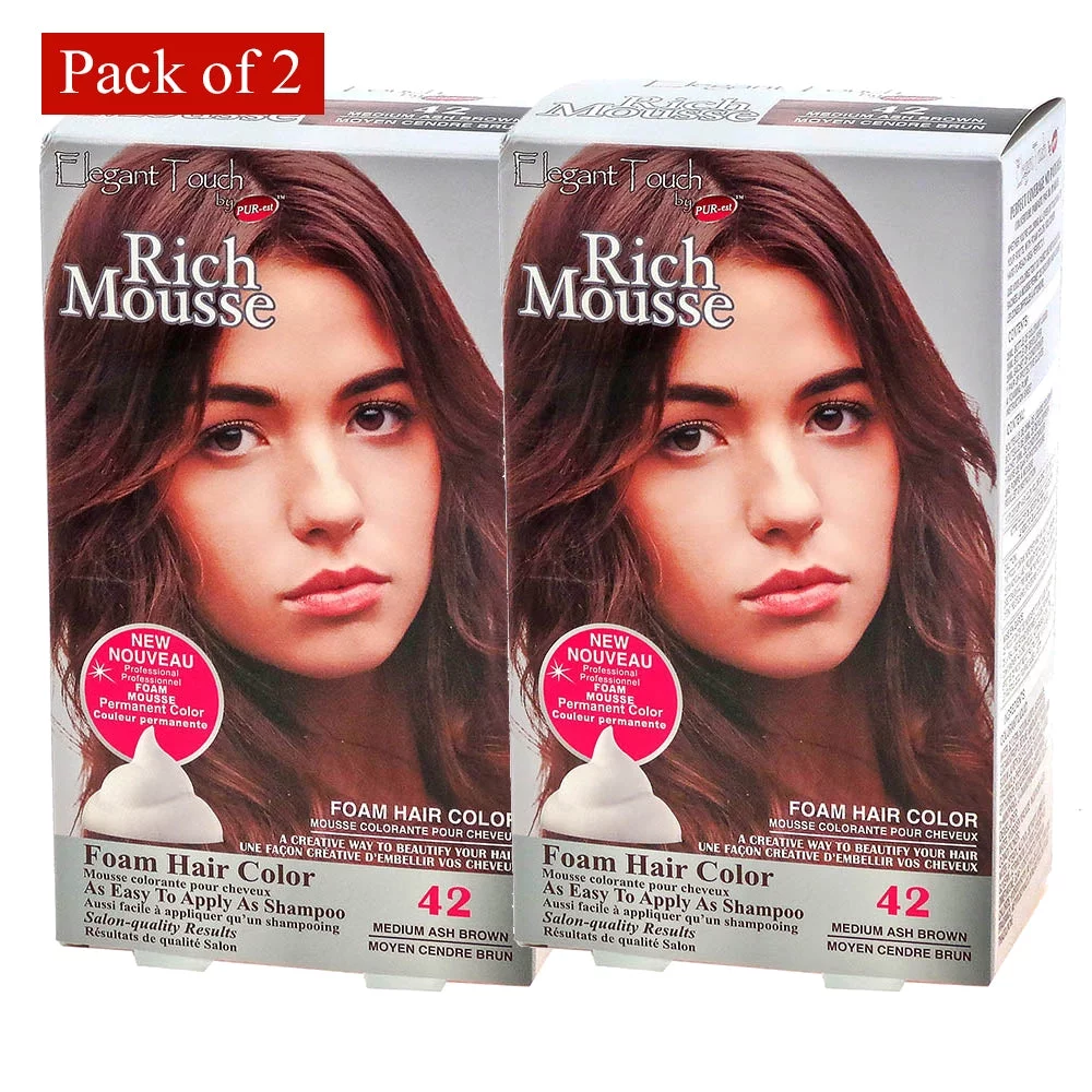 Foam Hair Color Rich Mousse Medium Ash Brown #42, Elegant Touch By PUR-Est (Pack of 2)