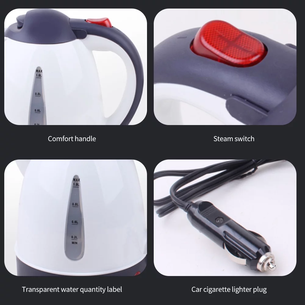 Tomshoo 1000mL Car Electric Kettle, Quick Heating Lighter Kettle for Trip Travel, White