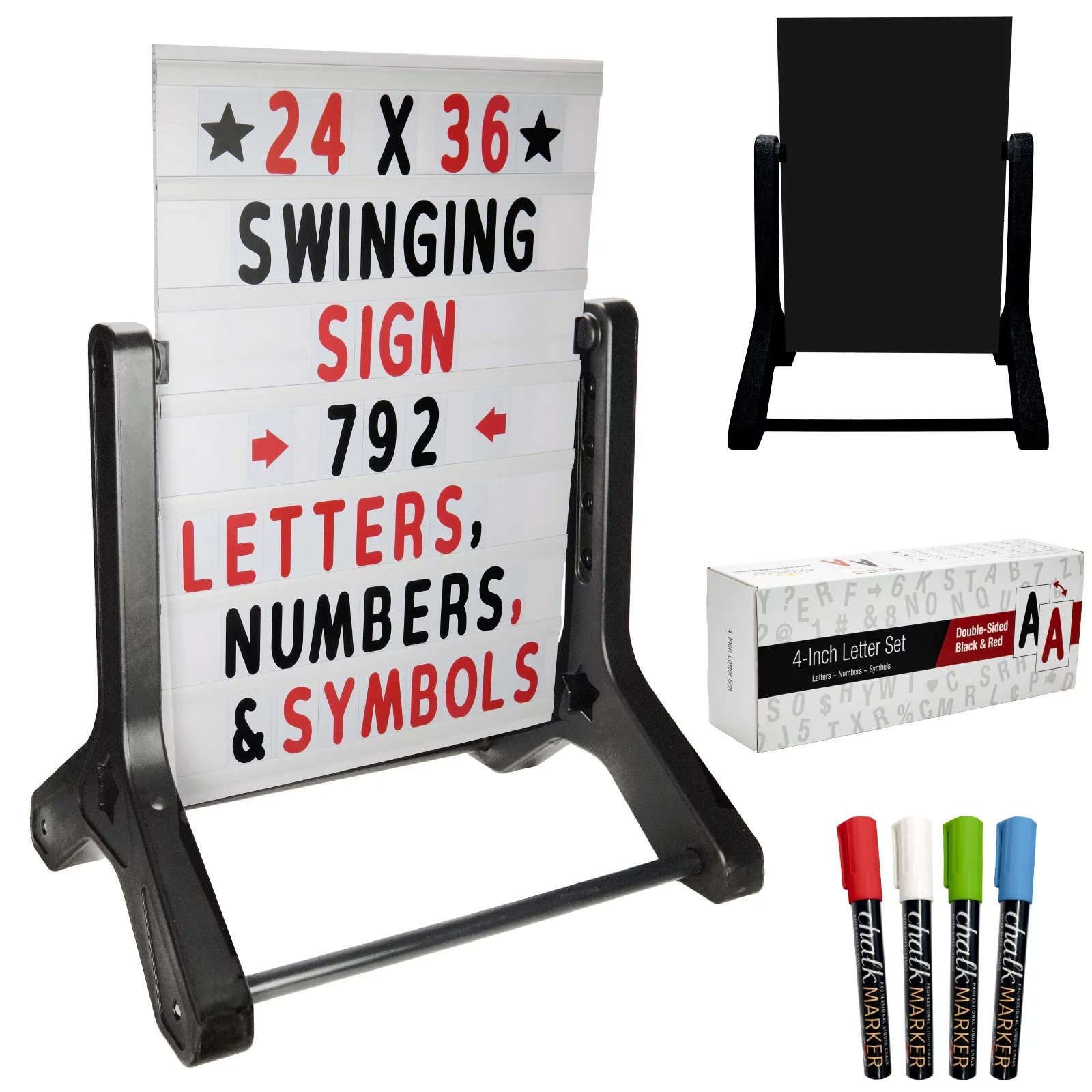 Excello Global Products Swinging Changeable Message Sidewalk Sign with 792 Pre-Cut Double Sided Letters and Storage Box. Includes Black Sign Board & 4 Liquid Chalkboard & Letter Board, 24