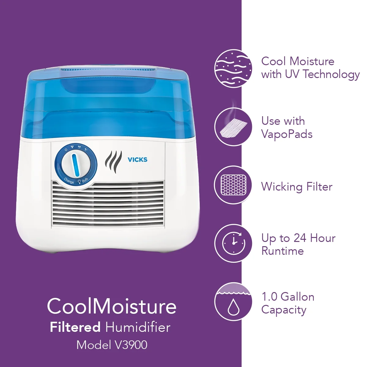 Vicks 1 gal 400 sq ft Cool Moisture Humidifier with UV Technology, V3900, Blue/White