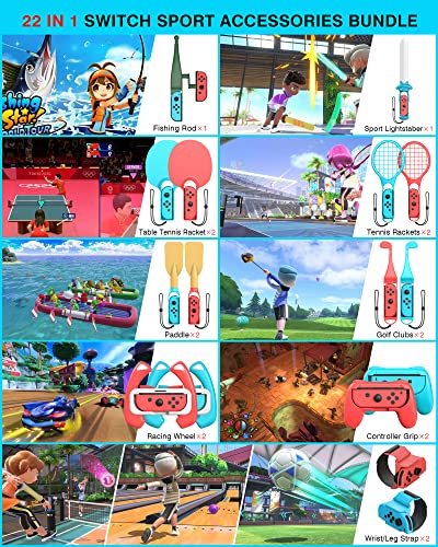 Switch Sports Accessories Bundle - HOZKAII 22 in 1 Family Accessories Kit Pack for Nintendo Switch/OLED Sports Games with Charging Dock, Game Guns, Tennis Rackets, Golf Clubs, Wrist Bands & Leg Strap