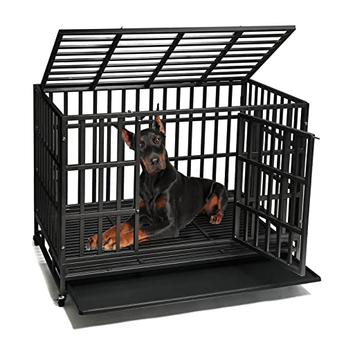 Enhanced Heavy Duty Dog Kennel Crate Cage with Strong Metal Frame, Double Doors and Lockable Wheels, for Extra Large Dog Breeds, Pet Playpen (Square, 48 inch)