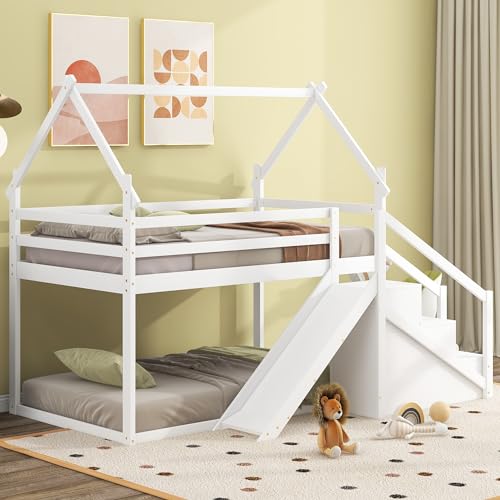 Merax House Shaped Junior Bunk Bed Frame Twin Over Twin with Slide and Storage Stairs, Wood Low Bunkbed with Full-Length Guardrails and Roof Design for Teens, Boys, Girls, No Box Spring Needed, White