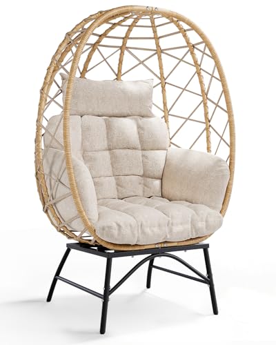 SWITTE Wicker Egg Chair Outdoor Indoor, Oversized Rattan Patio Lounge Chairs with Cushion for Backyard, Living Room, Steel Frame, 480lb Capacity-Cream