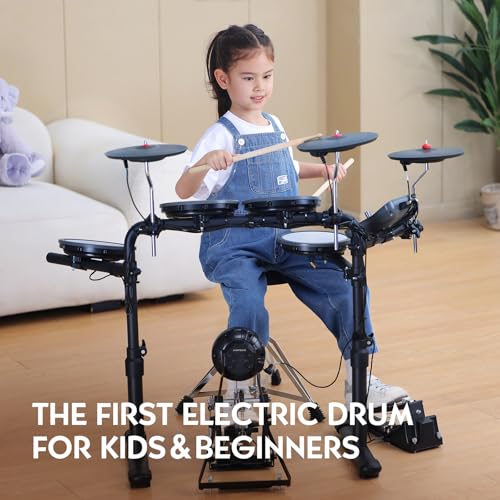 MK-0 PRO Electric Drum Set with 7'' Mesh Drum Pads, 8'' Full Rubber Cymbals, 5'' Bass Drum, 12 Kits and 68 Authentic Sounds, USB MIDI, Throne, Sticks, Headphone, Suitable for Beginners & Kids