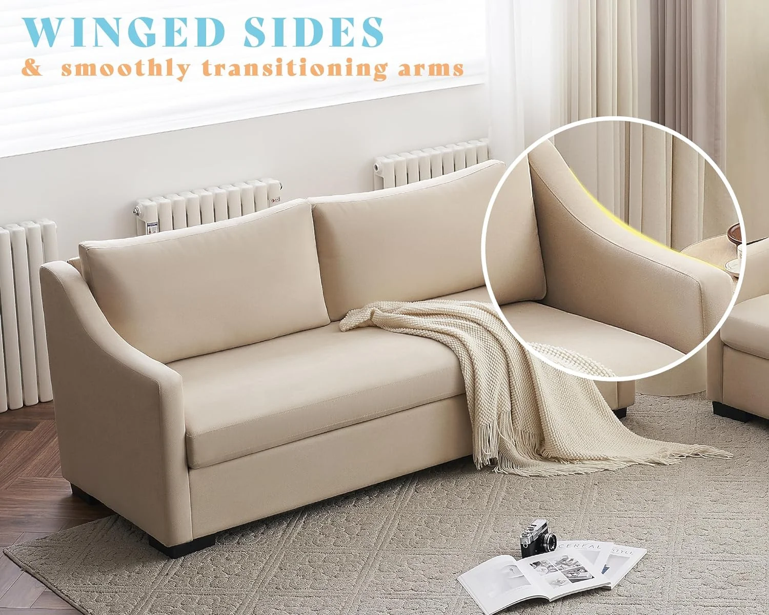 AMERLIFE Modern Sofa, Slope Armrest- 2 Piece Set Sofa, Beige Chenille Comfy Couch for Living Room