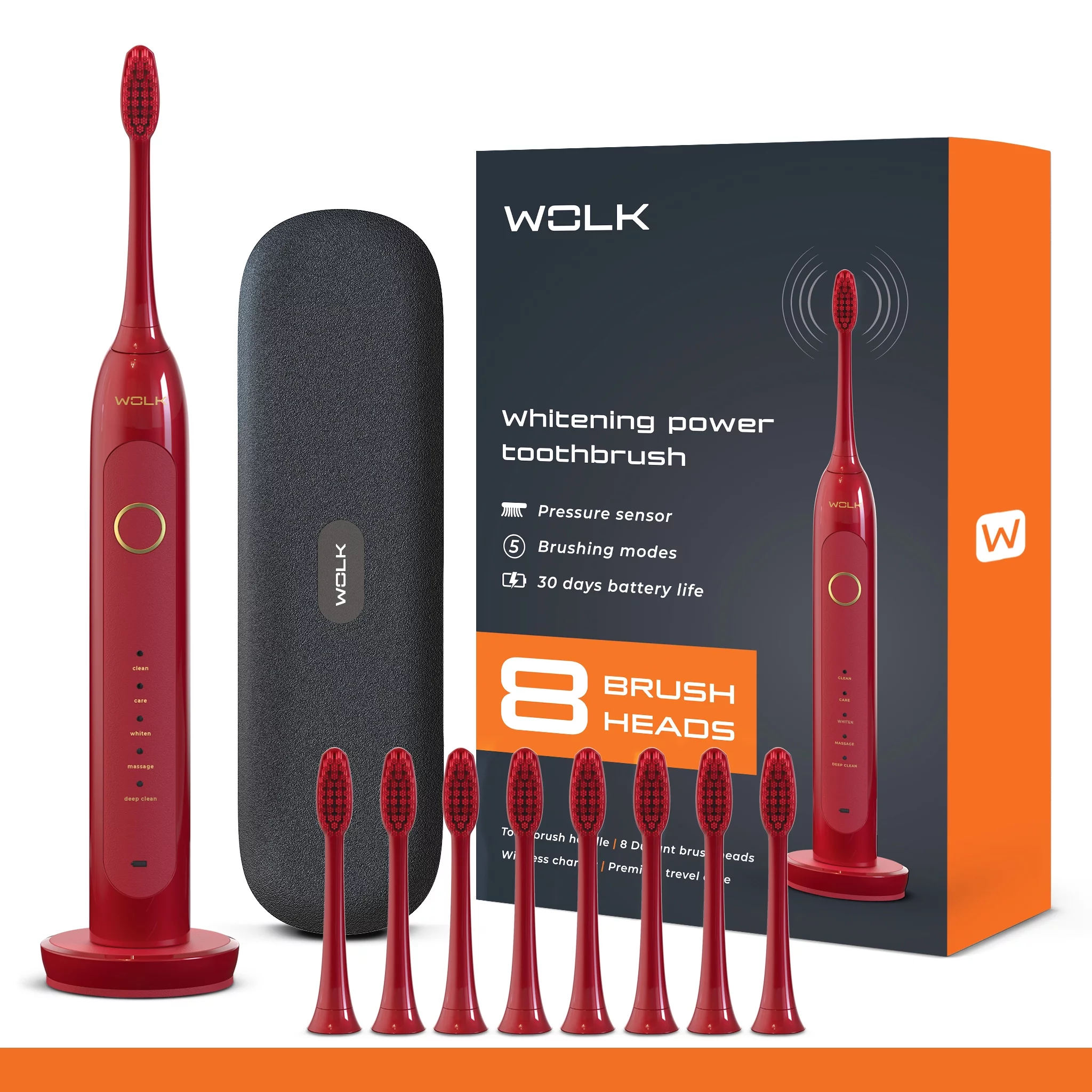 WOLK T6421 Ultra Whitening Toothbrush with Pressure Sensor & 5 Brushing Modes, 8 Dupont Brush Heads, Premium Travel Case, Rechargeable. Maroon