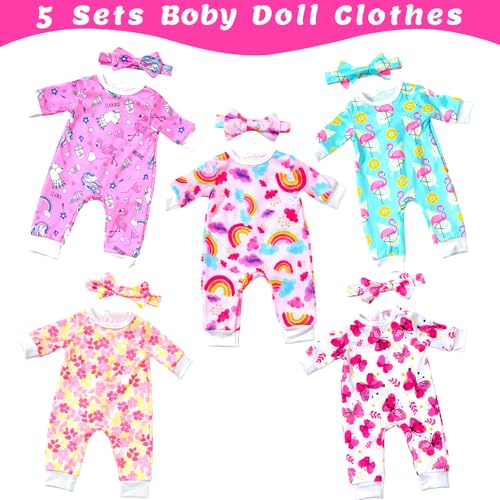 Ecore Fun 5 Sets Baby Doll Clothes and Headbands Baby Doll Accessories Set for 14 -16 Inch Doll, Total 10 pcs Cute Pattern Jumpsuit Doll Clothes and Accessories for 15 Inch Baby Dolls 18 Inch Dolls