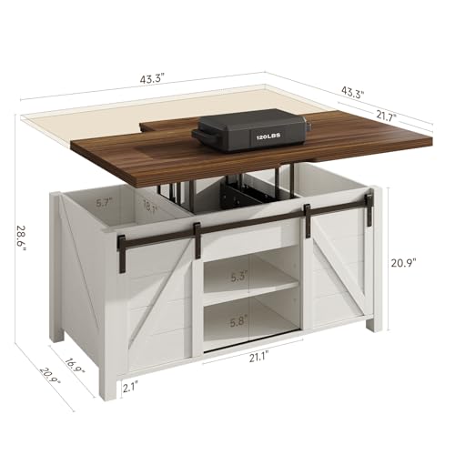 Farmhouse Lift Top Coffee Table with Sliding Barn Door,Rustic Center Table with Hidden Storage Compartment,Storage Coffee Table Converts to Dining Table for Living Room,Office,White and Brown