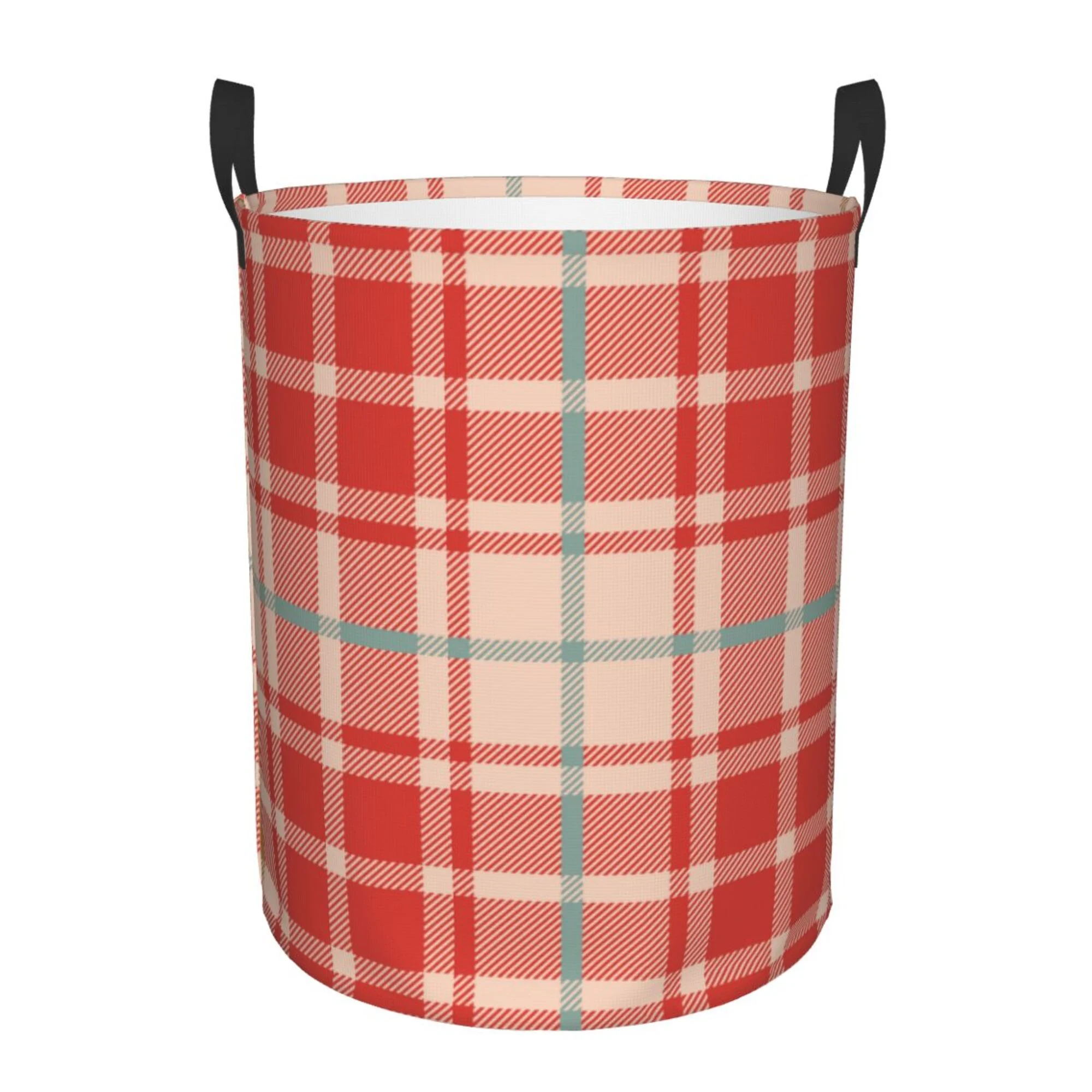 TEQUAN Waterproof Laundry Hampers, Beige Red Checkered Plaid Pattern Clothes Storage Basket with Handle (S)