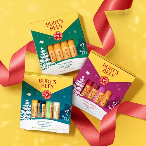 Burt's Bees Christmas Gifts, 4 Lip Balms Stocking Stuffers Products, Beeswax Bounty Fruit Mix - Watermelon, Pomegranate, Dragonfruit Lemon & Sweet Peach (4-Pack)