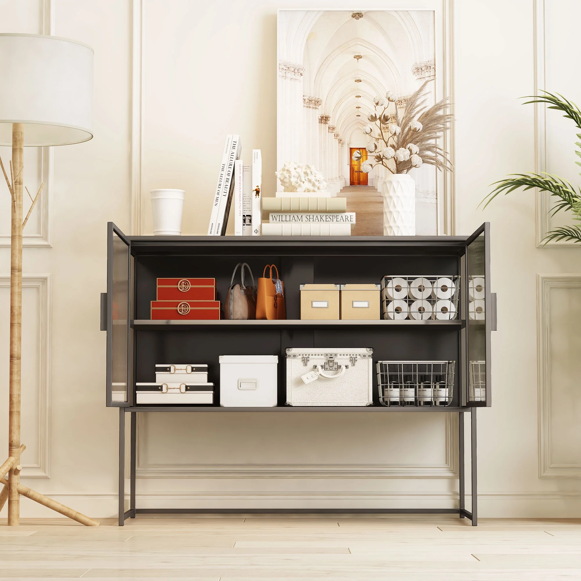 CoSoTower Retro Style Fluted Glass Sideboard Storage Cabinet Simple Modern Console Table Detachable Wide Shelves Enclosed Dust-Free Storage Bottom Space for Living Room Bathroom Dining Room,Gray