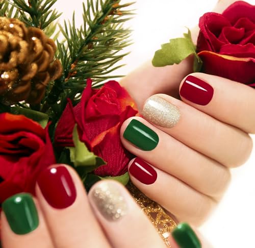 Semi Cured Gel Nail Strips-Easy Apply Christmas Gel Nail Stickers Holiday Semi Cured Manicure Strips with Sparkling Xmas Designs (Classic Yule)