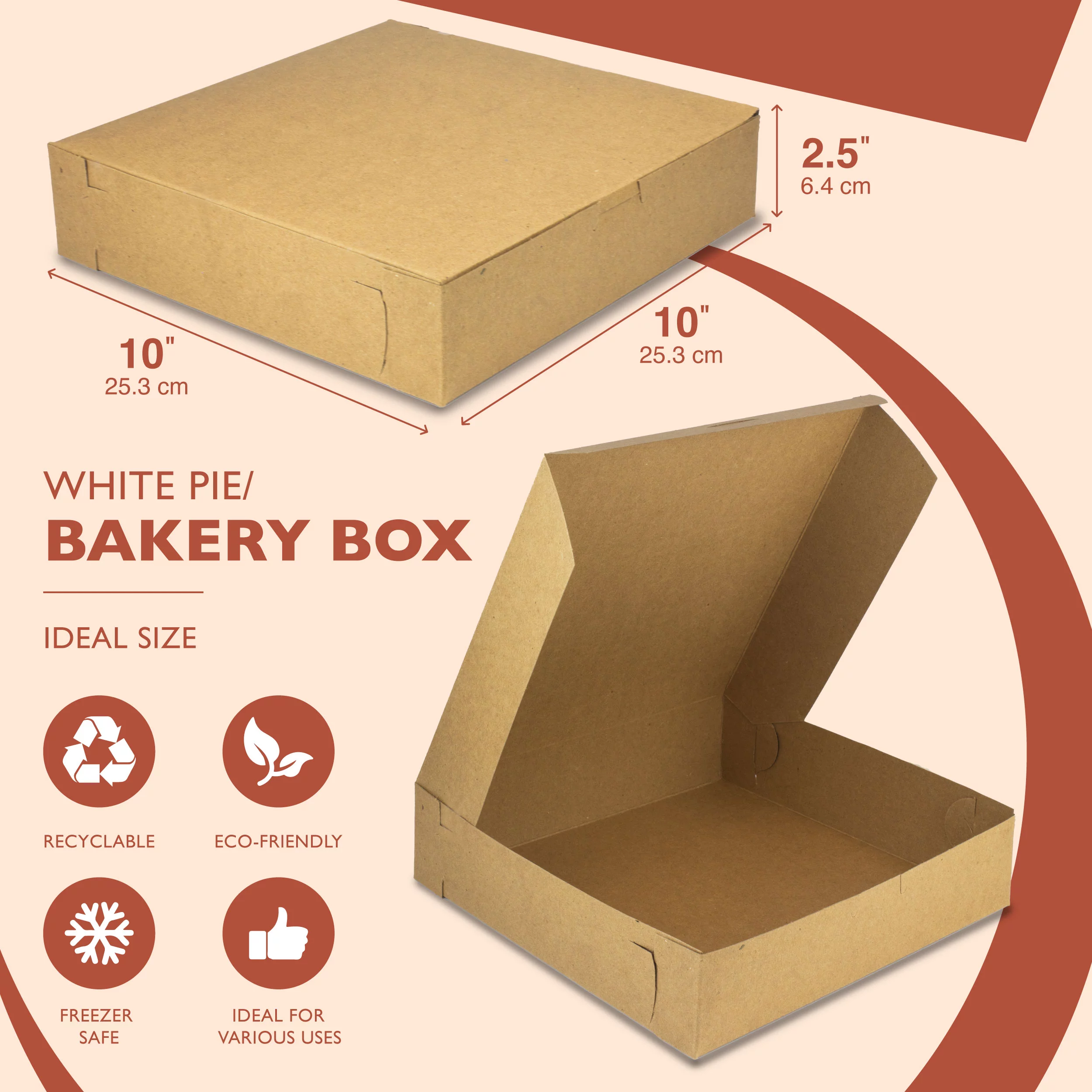 [250 Pack] Brown Pie Boxes - 10x10x2.5 Inch Kraft Square Bakery Boxes for Cookies, Cake, Cheesecake, Chocolate Covered Strawberries, Dessert, Macaroon - Bulk Paper Cardboard Sweet Boxes for Treats