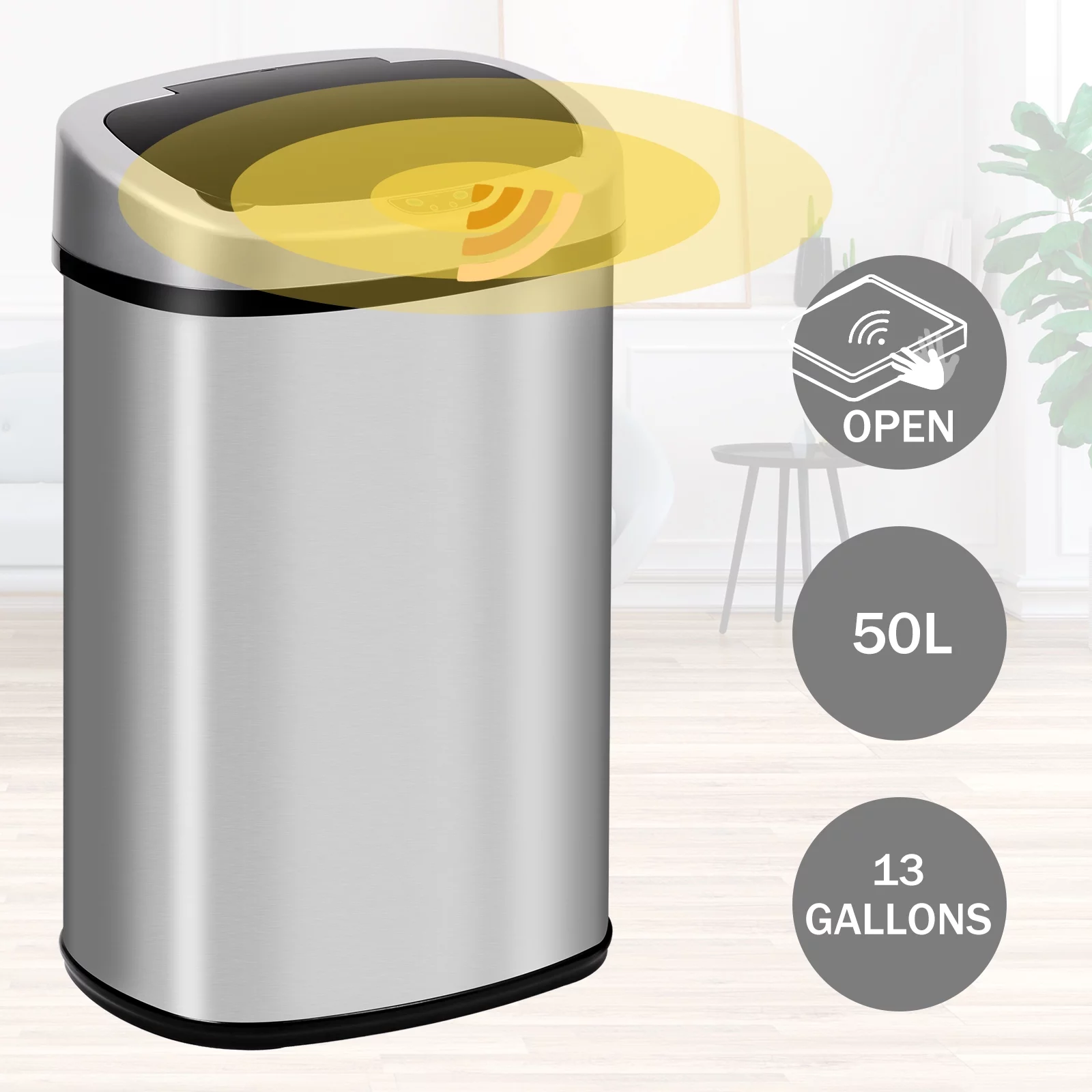 13 Gallon Kitchen Trash Can Automatic Stainless-Steel Garbage Can with Touch-Free & Motion Sensor, Anti-Fingerprint Mute Designed Brushed Waste Bin for Home, Silver