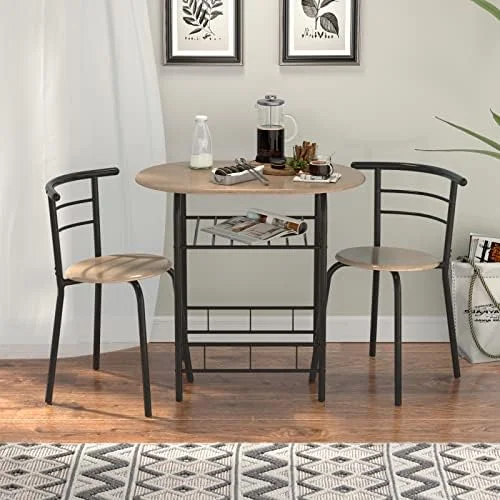 KHBIULIFE 3-Piece Round Dining Table Chairs Set for 2  Compact Table & 2 Chairs Set for Kitchen Space-Saver Bistro Set Steel Frame w/   Natural/Black