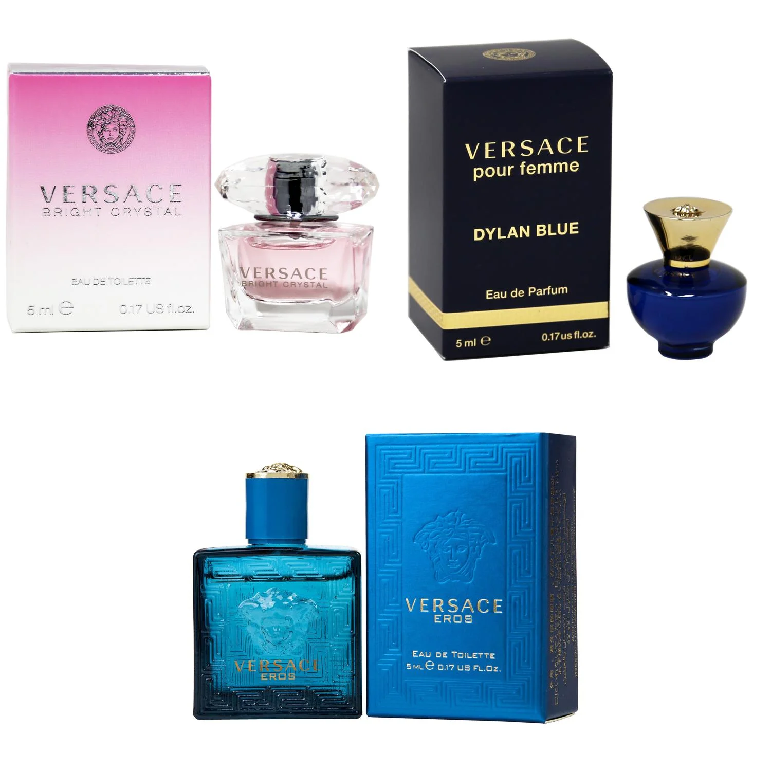 Versace Bright Crystal EDT, Dylan Blue Femme EDP, Eros Men EDT - 5ml 3PK Kit