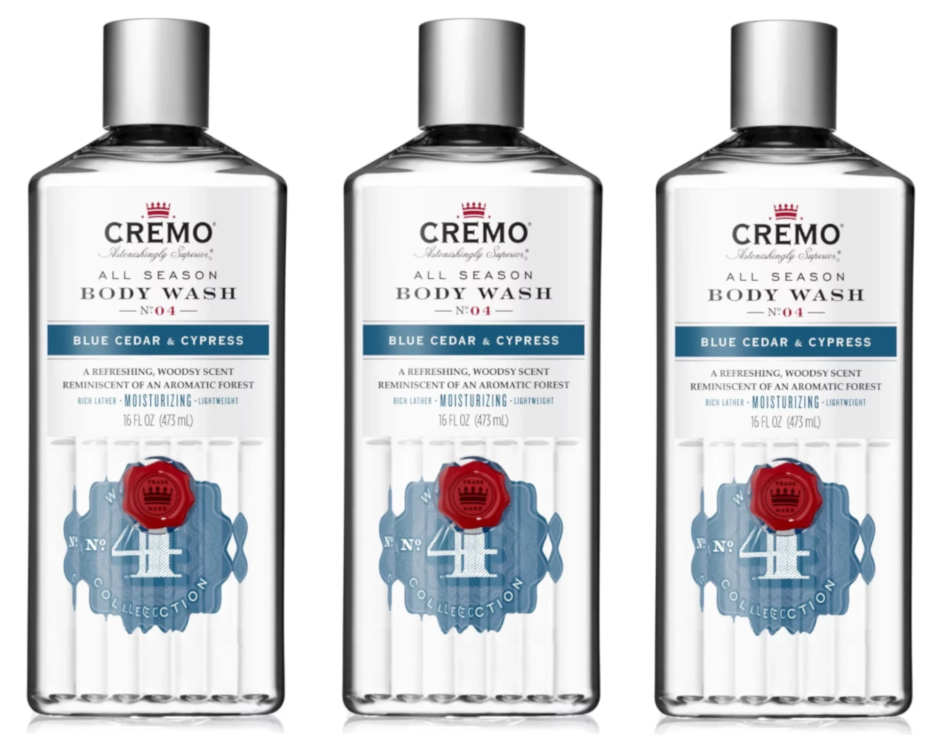 Cremo All Season Body Wash No. 4, Blue Cedar & Cypress, 16 Fl. Oz. - Pack of 3