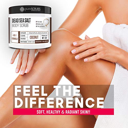 pureSCRUBS Premium Eucalyptus Body Scrub Set - Large 16oz Dead Sea Salt Body Scrub With Infused Essential Oils & Nutrients, Includes Wooden Spoon, Loofah & Oatmeal Exfoliating Bar Soap