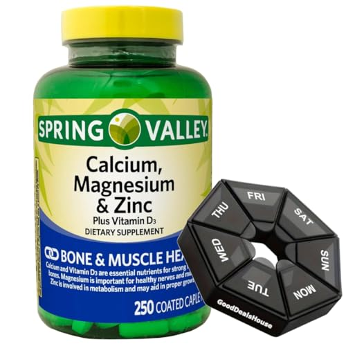 Bundle: Spring - Valley Calcium, Magnesium & Zinc Plus Vitamin D3 Coated Caplets, 250 Count + GoodDealsHouse Weekly Pillbox