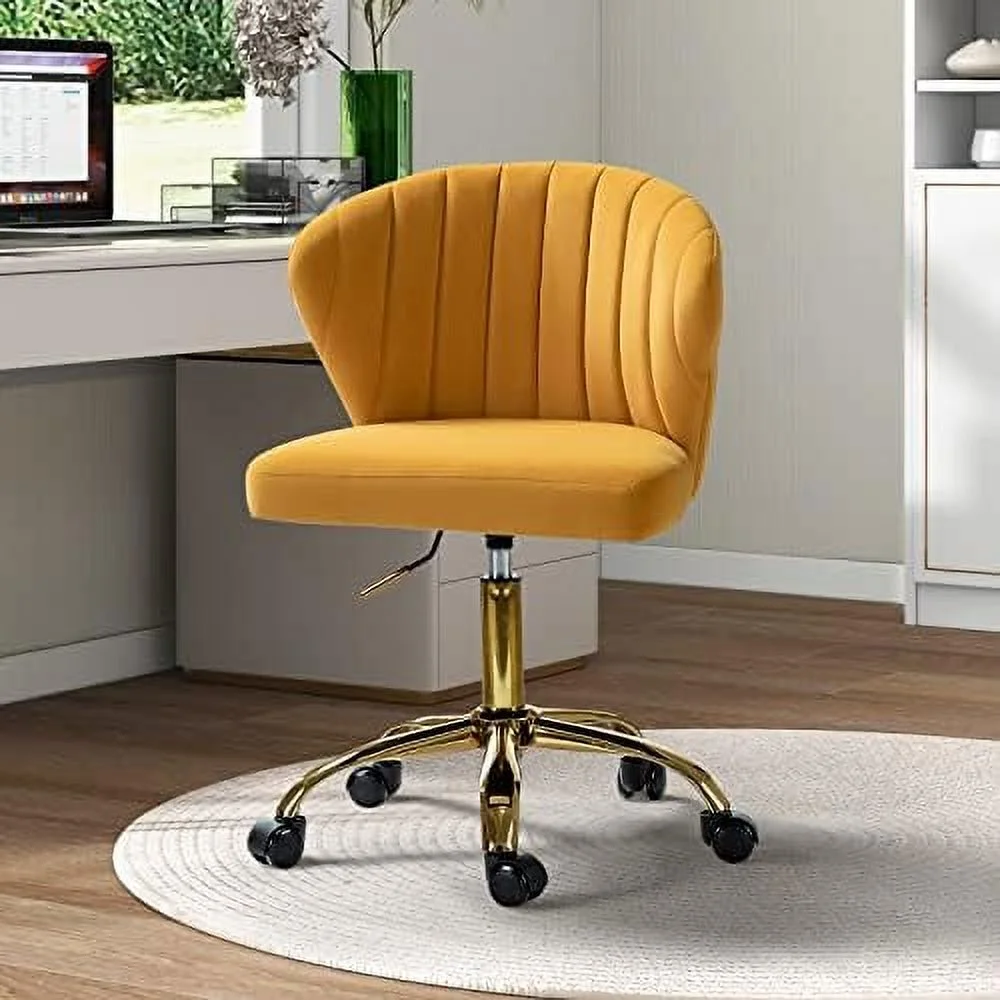 TJUNBOLIFE TINA' Office Desk Chairs with Wheels & Gold Base  Modern Velvet Cute Armless Office Chair  Adjustable Low Back Swivel Rolling Chair  Upholstered Task Chair for Living R