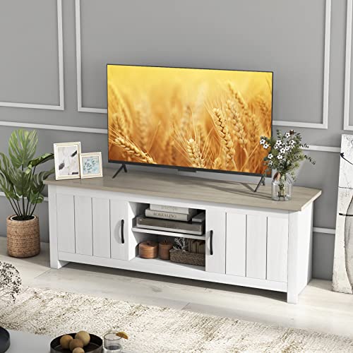 Tangkula 2 Doors TV Stand for TVs up to 65”, 57” Media Console Table w/ 2 Cabinets & Open Shelves, 2 Cable Management Holes. Wood Entertainment Center Cabinet for Living Room (White Oak)