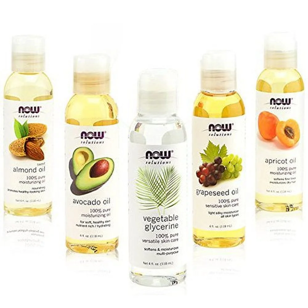 New Now Foods Solutions 5 Pack - Carrier Oil Gift Set: Almond Oil - Grapeseed Oil - Avocado Oil - Apricot Oil - Vegetable Glycerine Oil 100% Natural Moisturizing Massage 4 Oz