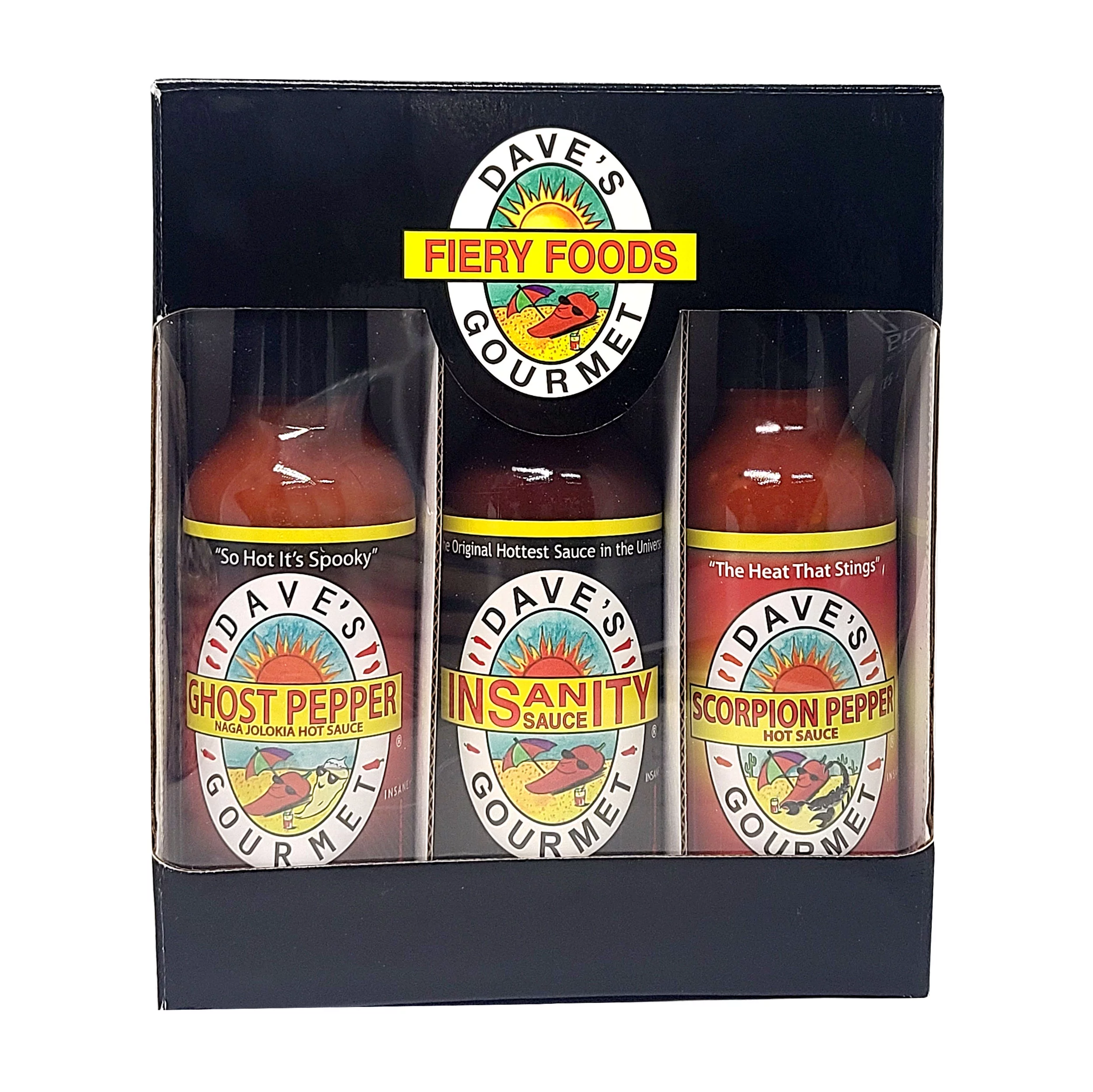 Dave's Gourmet Fiery Foods Super Hot Sauce Gift Set 3-Pack (Ghost Pepper, Insanity, and Scorpion) 5 Oz. Each with Bonus Gift Stainless Steel Stirring Spoon