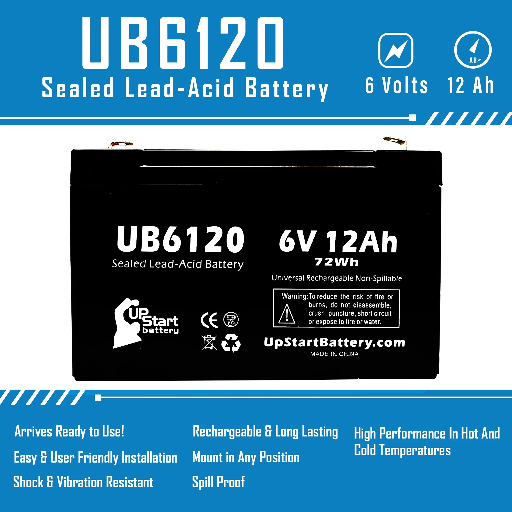 5x Pack - Compatible W. W. GRAINGER 5VC09 Battery - Replacement UB6120 Universal Sealed Lead Acid Battery (6V, 12Ah, 12000mAh, F1 Terminal, AGM, SLA) - Includes 10 F1 to F2 Terminal Adapters