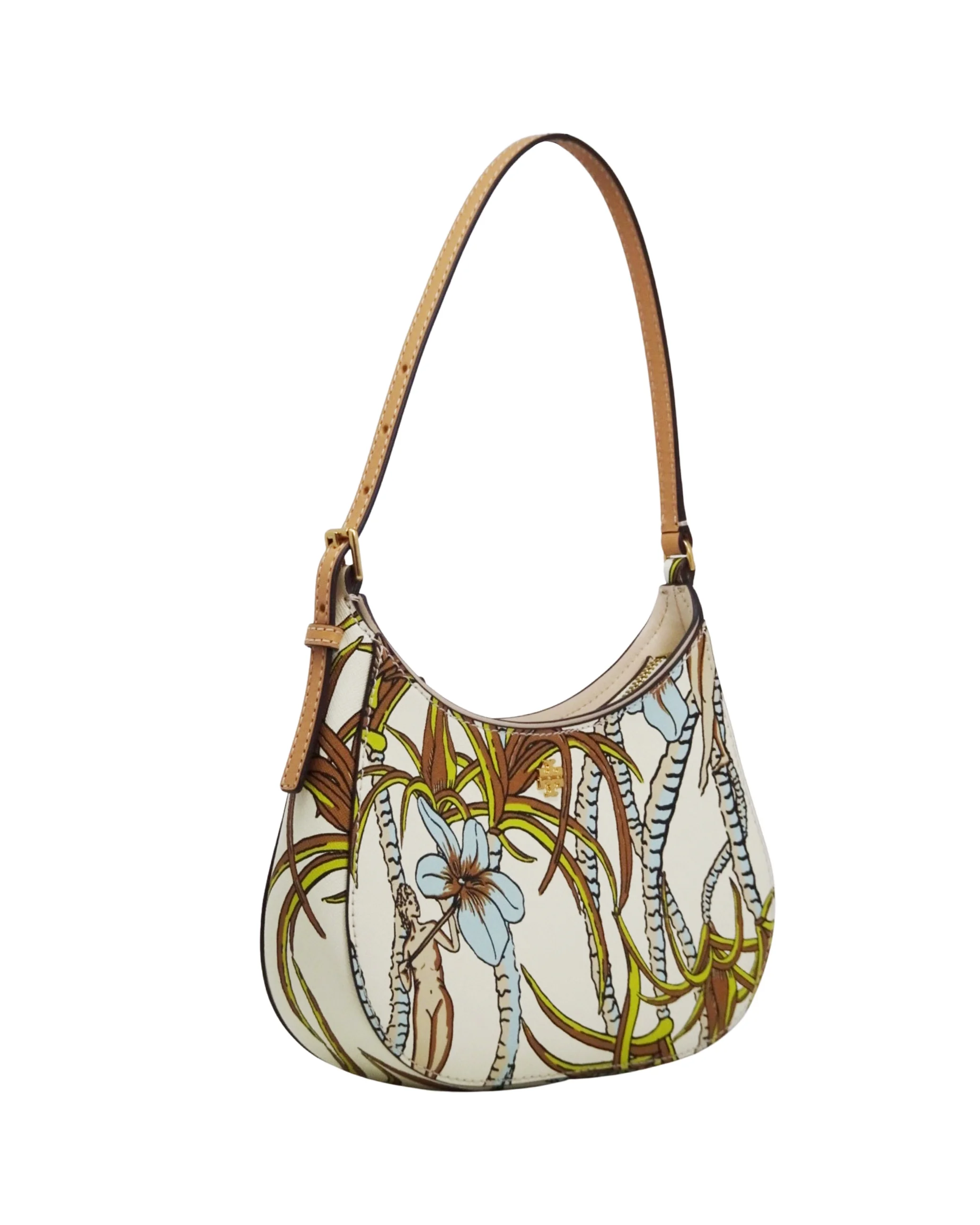 Tory Burch Emerson Printed Small Zip Shoulder Bag (Cream Brown Climbing Palms)
