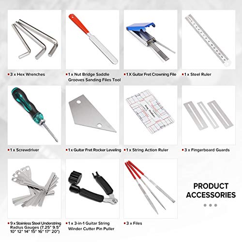 25Pcs Guitar Repairing Tools Kit Setup Kit with Carry Bag for Acoustic Electric guitar Ukulele Bass Banjo Maintenance Tool with Ruler Gauge Measuring Tool Hex Wrench Files Fingerboard Guard