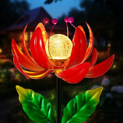 Solar Garden Lights Metal Flower Decor, Colorful Spinning Windmill Lotus Pathway Ligths with LED Cracked Crystal Ball Outdoor Decorative Stake Lighting Waterproof Flower Sculpture for Patio Yard