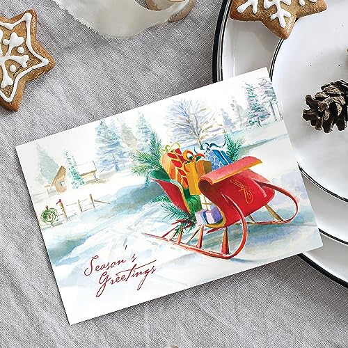 Masterpiece Holiday Greetings Trimmed In Scarlet Christmas Cards / 16 Boxed Snowy Cardinal Wreath Holiday Cards With Silver Foil Lined Envelopes / 5 5/8