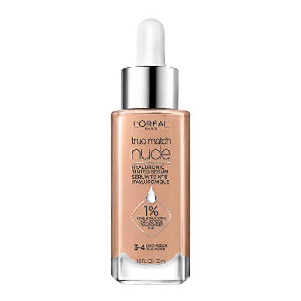 LOreal Paris True Match Nude Hyaluronic Tinted Serum Foundation with 1% Hyaluronic acid, Light-Medium 3-4, 1 fl. oz.