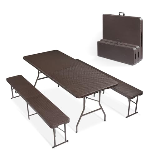 VINGLI Picnic Table Set with 2 Benches, 6 Feet Camping Table Chair Set,3-Piece Folding Furniture for Indoor or Outdoor Use, Smooth Tabletop, White