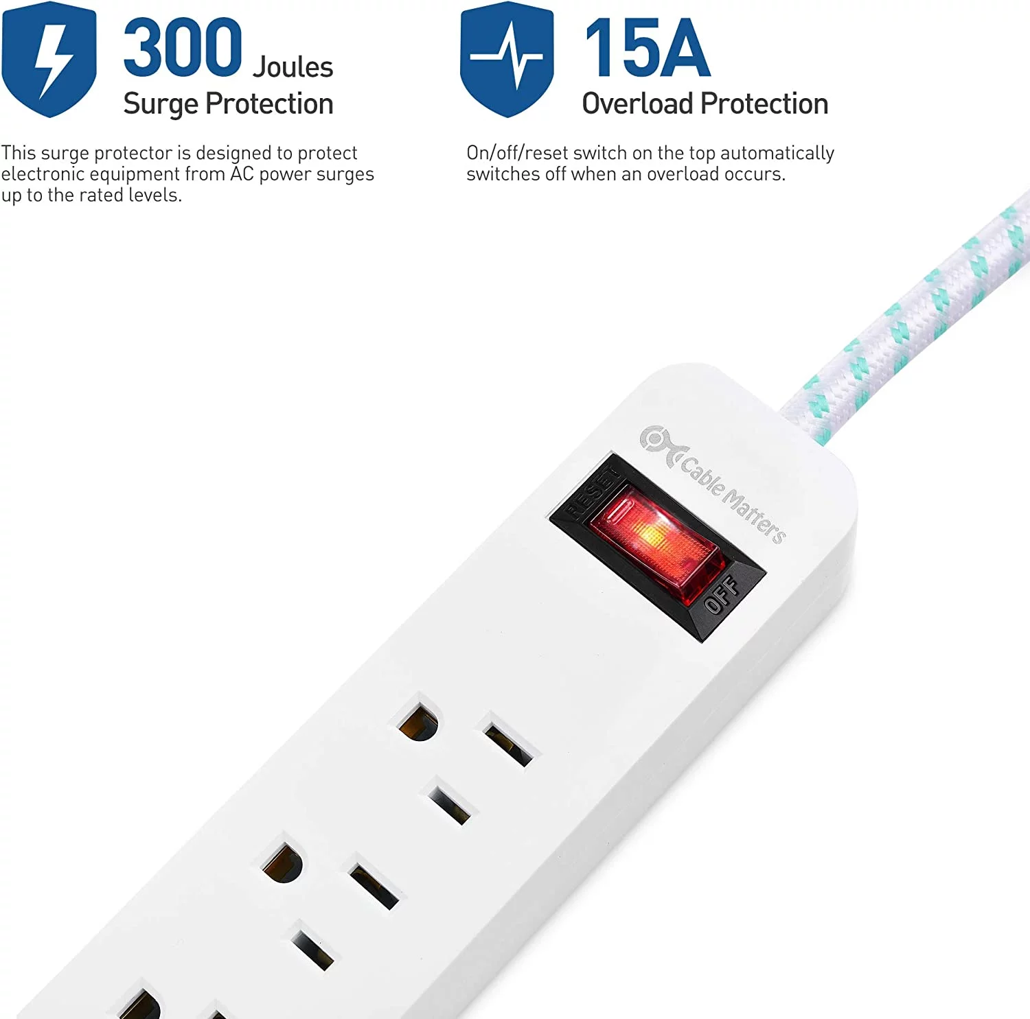 Cable Matters 2-Pack 3 Outlet Surge Protector Power Strip with USB Charging Ports with Low Profile Plug and 12 Foot Power Cord in White