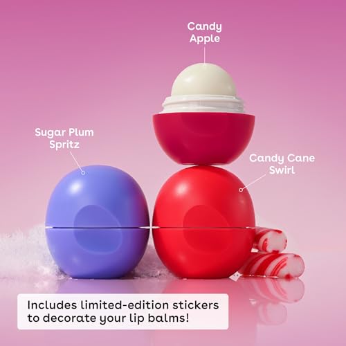 eos Holiday 24H Moisture Mini Super Balm Set, Sugar Plum Spritz, Candy Cane Swirl, Iced Sugar Cookie, Limited Edition Lip Care, Stocking Stuffers, 0.24 fl oz, 3-pack